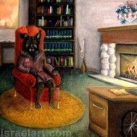 www.RuthIsraelArt.com-Painting-Max-in-his-study-Pet-dog-portrait-illustration-oil-pastel-on-canvas